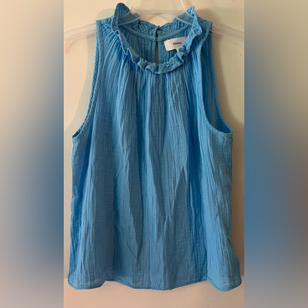 XIRENA Women Noelle Gauze Shirt Tank Cotton Top Fiji Bleu Blue L